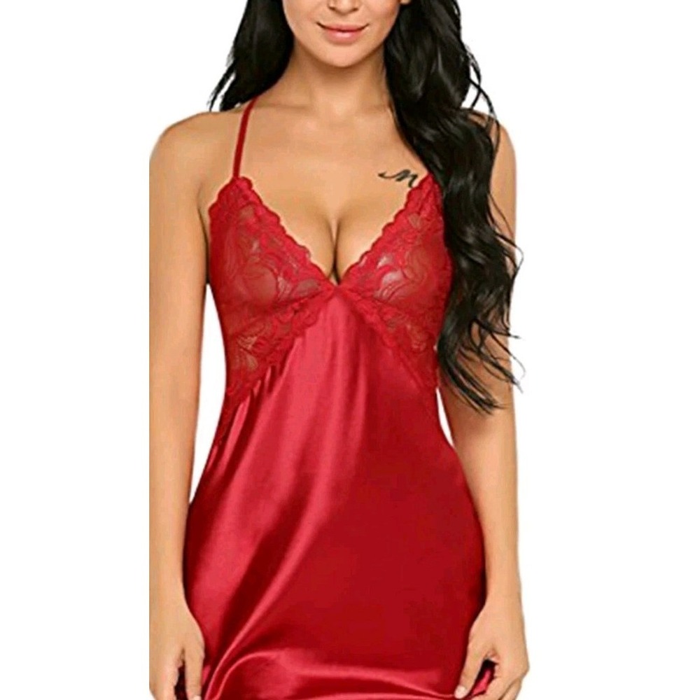 Sexy Women's Lingerie Satin Lace Sleepwear Night Dress Babydoll M/L Red